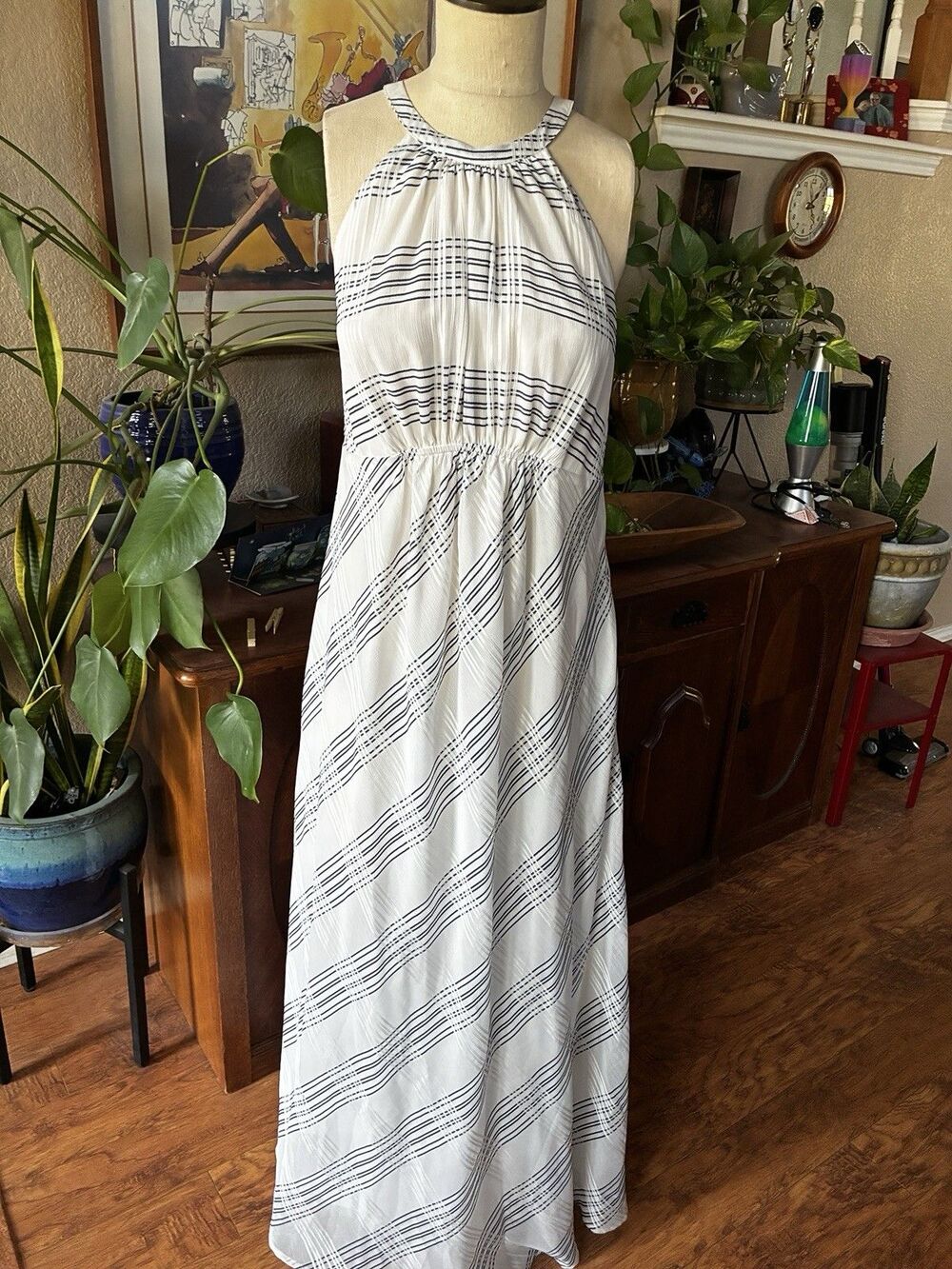 NWT A Pea in The Pod White Blue Geometric Maternity Halter Maxi Dress Medium
